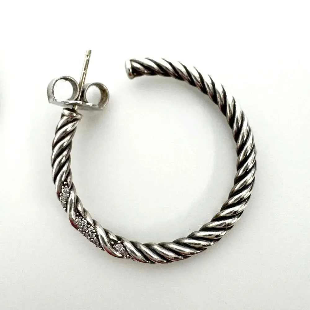 DAVID YURMAN Silver Cable Classics Hoop Earring with Pave Diamonds Chain 925 DY